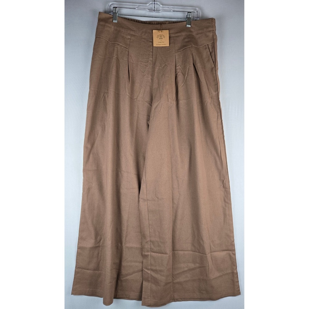 Buddha Stones Brown Cotton Linen Wide Leg Pleated Pants Womens XXXL NWT